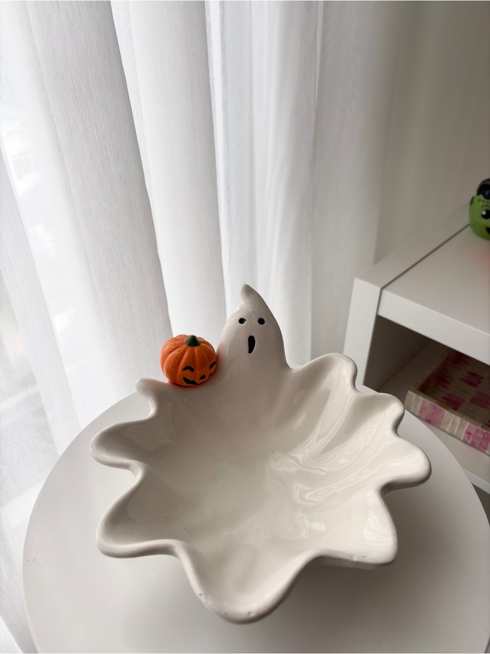 White Ceramic Ghost Candy Dish with Mini Pumpkin